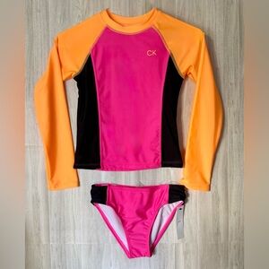 💓Calvin Klein - Size 8-10 - Girls' Long Sleeve Rash Guard Set - Swim